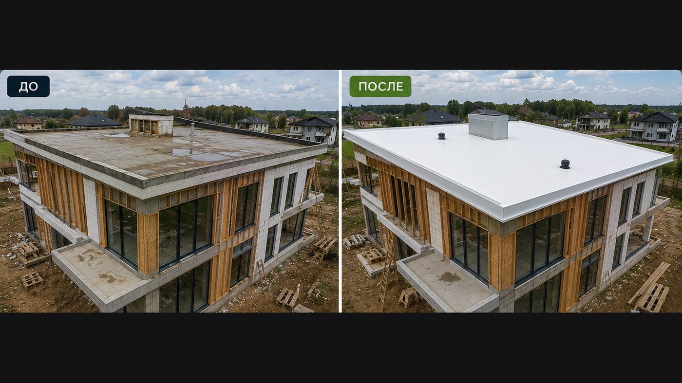 Плоская кровля частного дома 240 м² по новой железобетонной плите, ПВХ-мембрана Flagon 1,5 мм белая — Свердловская обл., п. Бобровский (до и после)