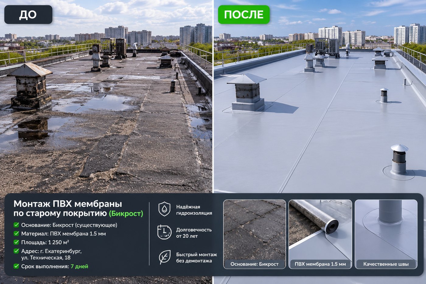 Монтаж ПВХ-мембраны 1,5 мм по старому покрытию, кровля 1 250 м² — г. Екатеринбург, ул. Техническая, 18 (до и после)