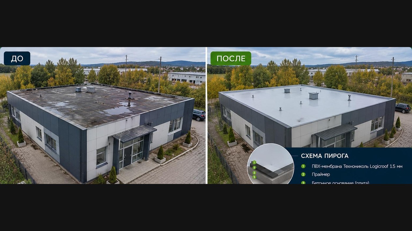 Кровля коммерческого здания 320 м², ПВХ-мембрана Logicroof 1,5 мм по бетонному основанию со стяжкой и разуклонкой — г. Магнитогорск (до и после)