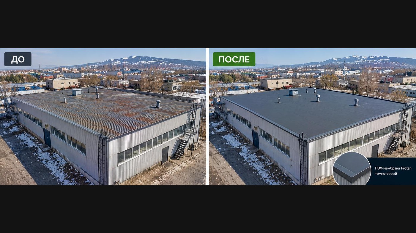 Кровля промышленного здания 480 м² по профлисту НС35 с Пеноплэксом, ПВХ-мембрана Protan 1,5 мм тёмно-серая, монтаж зимой — г. Магнитогорск (до и после)