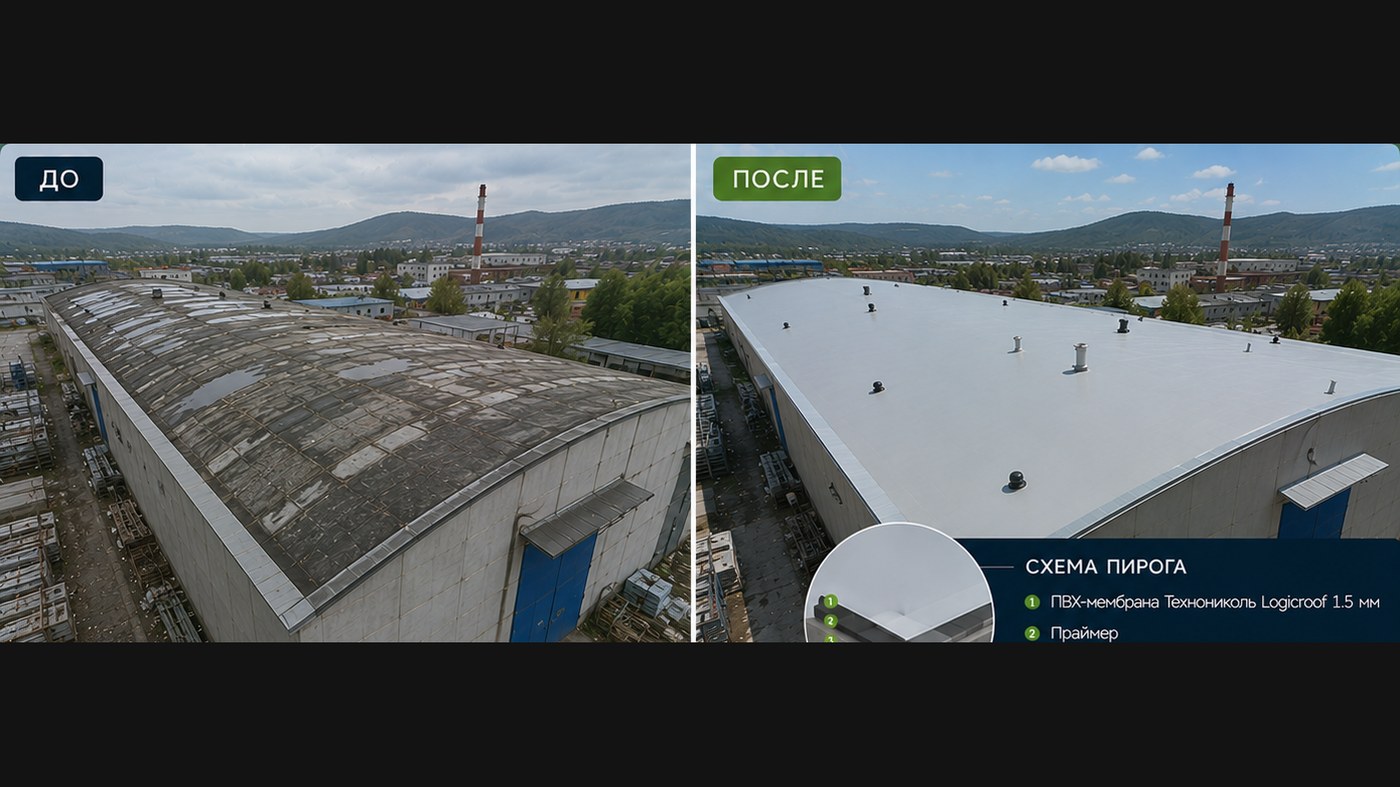 Арочная бескаркасная кровля цеха 580 м², ПВХ-мембрана Logicroof 1,5 мм с продольными швами — г. Миасс, Челябинская область (до и после)