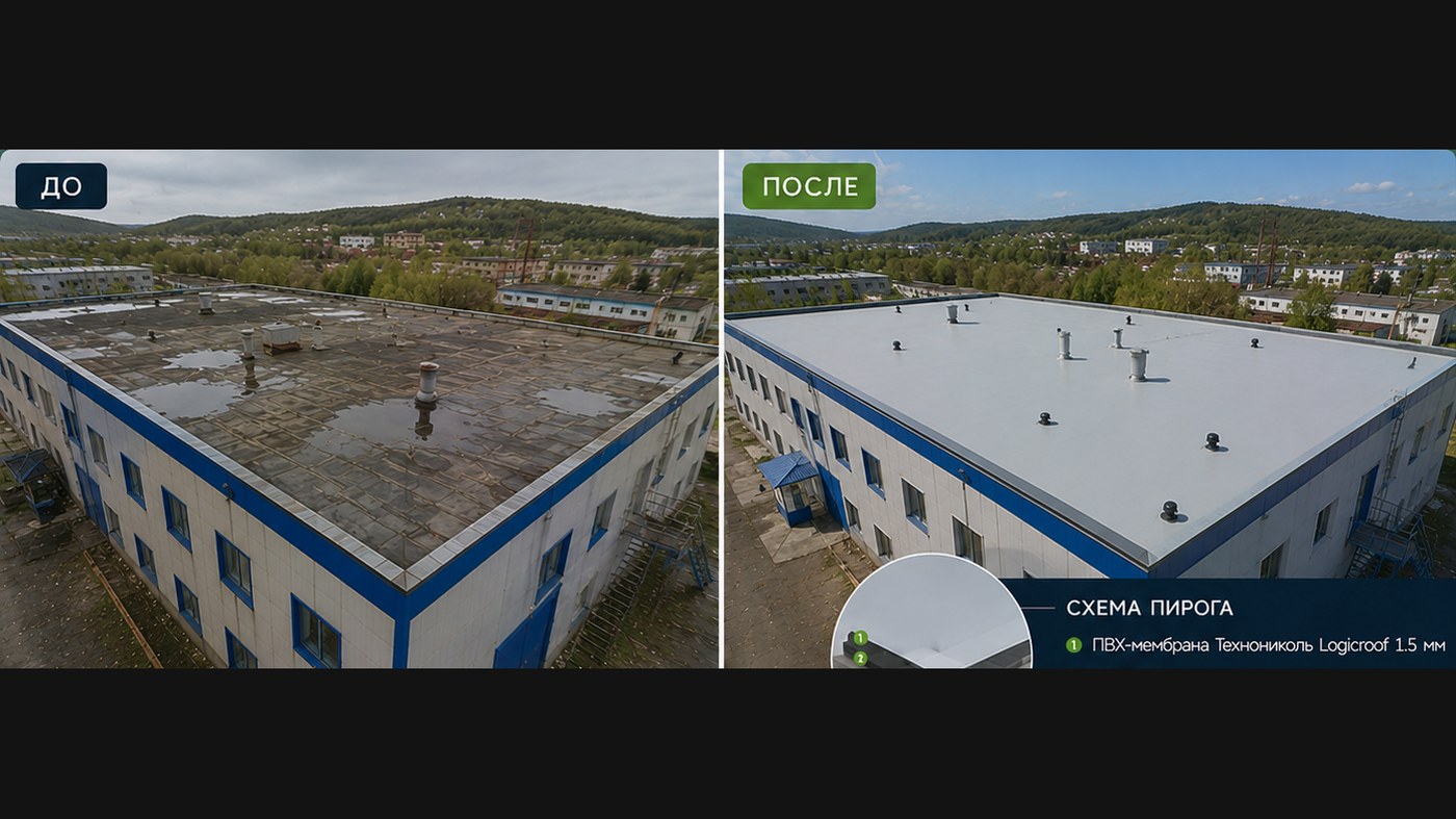 Кровля склада 620 м² сложной Г-образной формы, ПВХ-мембрана Logicroof 1,5 мм — г. Миасс, Челябинская область (до и после)