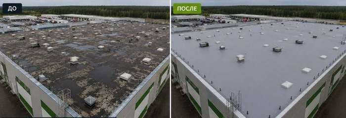 Кровля логистического центра 3 240 м², ПВХ-мембрана Flagon с утеплением — г. Сургут, ул. Профсоюзов, 71 (до и после)