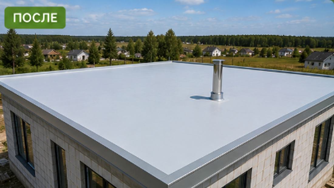Кровля частного дома 180 м², ПВХ-мембрана Flagon 1,5 мм по новой железобетонной плите — г. Тюмень