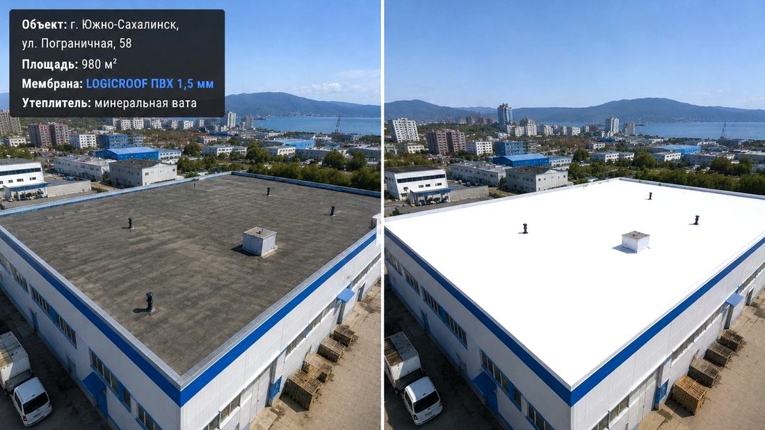 Кровля производственного здания 980 м², ПВХ-мембрана LOGICROOF 1,5 мм с утеплением минватой — г. Южно-Сахалинск, ул. Пограничная, 58