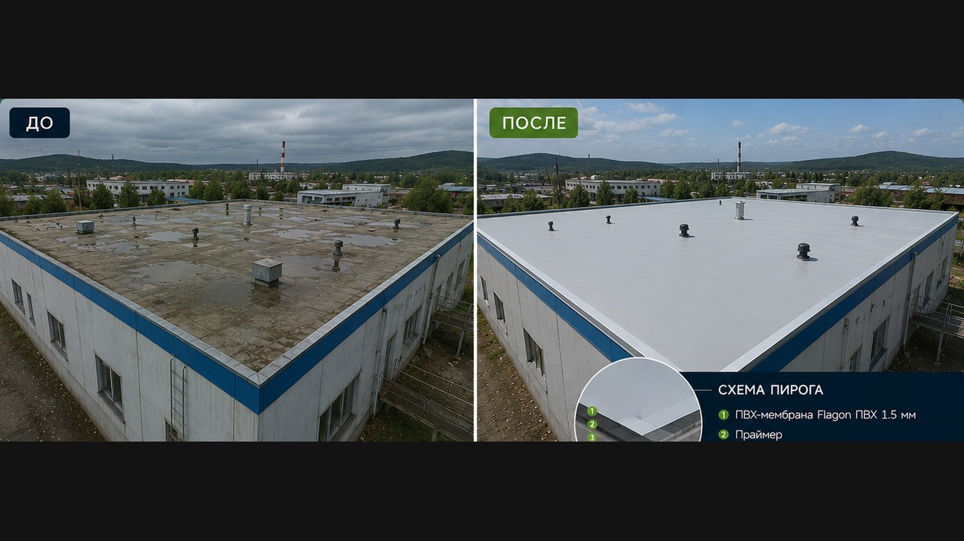 Кровля промышленного здания 650 м², Logicroof 1,5 мм по бетонному основанию, воронки с обогревом — г. Златоуст, Челябинская область (до и после)